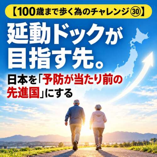 100歳まで歩く為のチャレンジ㉚。延動ドックが目指す「予防が当たり前の日本」をテーマに、未来へ歩くシニア夫婦と日本地図を描いた画像。