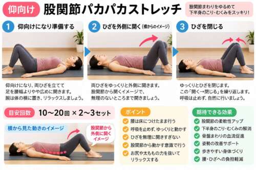 仰向けで行う股関節パカパカストレッチの解説画像。両膝を立てた姿勢から、膝をゆっくり外側に開き、元に戻す動作を横からの写真とともに紹介。整体院 彩の延動ドック30日チャレンジ⑮。