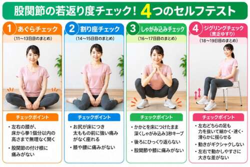 延動ドック30日チャレンジ⑳。股関節の若返り度を確認する4つのセルフテスト。①あぐら②割り座③しゃがみ込み④ジグリング（貧乏ゆすり）の実践方法を画像で紹介。整体院 彩・理学療法士が解説。