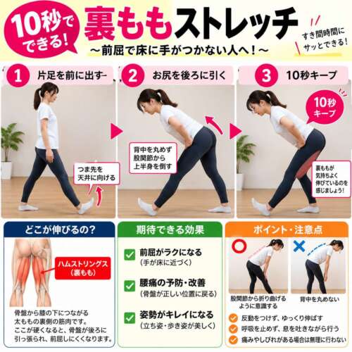【延動ドック30日チャレンジ⑱】10秒でできる裏もも（ハムストリングス）ストレッチ。片足を前に出してつま先を上げ、お尻を後ろに引きながら股関節から上半身を倒す3ステップを写真で解説。前屈のしやすさや柔軟性の改善を目指すセルフケア。整体院 彩が紹介。
