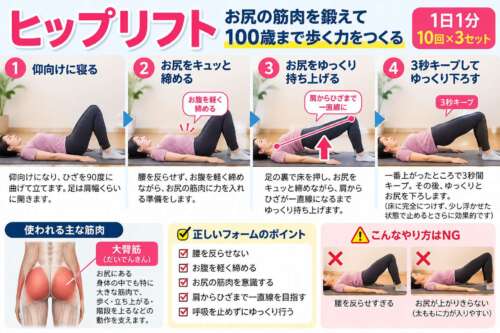 ヒップリフトの正しいやり方を4ステップで解説。仰向けで膝を立て、お尻を締めながらゆっくり持ち上げ、3秒キープして下ろす運動。大臀筋を鍛え、100歳まで自分の足で歩くための筋力維持を目指す。整体院 彩・延動ドック30日チャレンジ⑯。