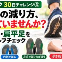 延動ドック30日チャレンジ③「靴底の減り方、偏っていませんか？」。靴底の外側・内側・左右差と、浮き指・扁平足をセルフチェックする画像。