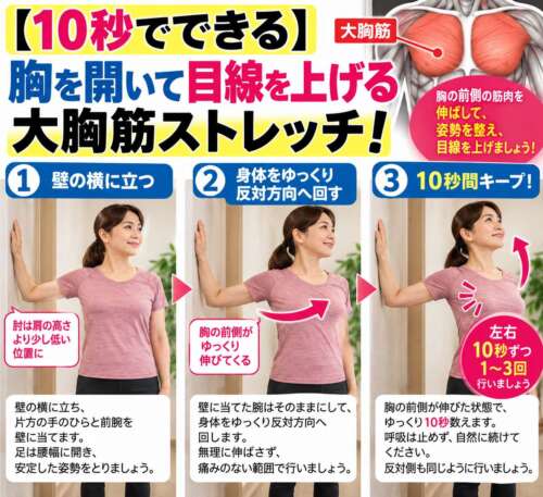 【延動ドック30日チャレンジ㉖】60代から始める大胸筋ストレッチ。女性が壁に片手と前腕を当て、身体をゆっくり反対方向へ回して胸を開く運動を3ステップで紹介。左右10秒ずつ行い、スマホ首や猫背が気になる方の姿勢改善をサポート。整体院 彩の理学療法士が解説。