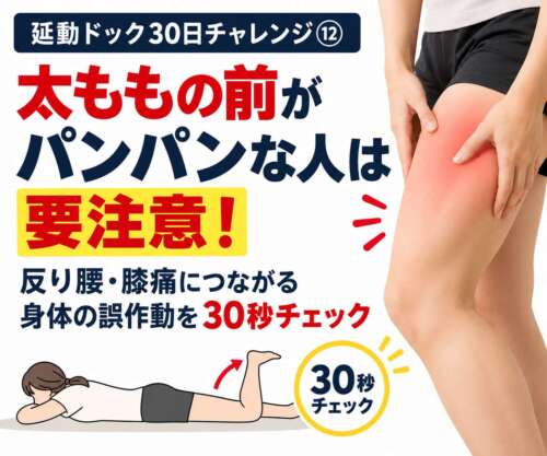 延動ドック30日チャレンジ⑫。太ももの前がパンパンに張る原因と、反り腰・膝痛との関係を紹介。うつ伏せでかかとをお尻に近づける30秒セルフチェックのイラスト。整体院 彩が解説。