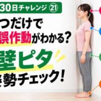 【延動ドック30日チャレンジ㉑】壁に立つだけで姿勢の誤作動をチェック！女性が壁に背中をつけ、①かかと②お尻（骨盤）③肩（肩甲骨）④頭（後頭部）の4つのポイントを確認する30秒「壁ピタ姿勢チェック」の解説画像。整体院 彩・理学療法士が紹介。