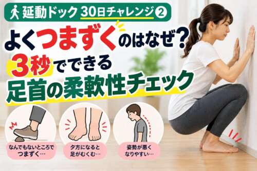 延動ドック30日チャレンジ②「よくつまずくのはなぜ？」。壁を使ってしゃがみ、3秒で足首の柔軟性をチェックする方法を紹介する画像。