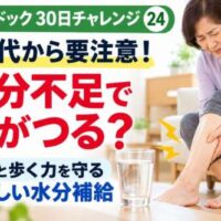 【延動ドック30日チャレンジ㉔】60代から要注意！水分不足で足がつる？60代女性が自宅のソファに座り、ふくらはぎを押さえている画像。水の入ったコップとともに、筋肉の健康と歩く力を守る正しい水分補給の大切さを紹介。整体院 彩の理学療法士が解説。