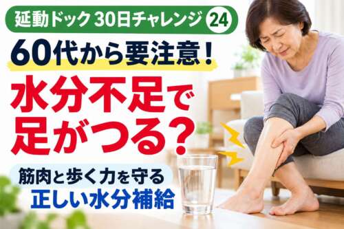 【延動ドック30日チャレンジ㉔】60代から要注意！水分不足で足がつる？60代女性が自宅のソファに座り、ふくらはぎを押さえている画像。水の入ったコップとともに、筋肉の健康と歩く力を守る正しい水分補給の大切さを紹介。整体院 彩の理学療法士が解説。