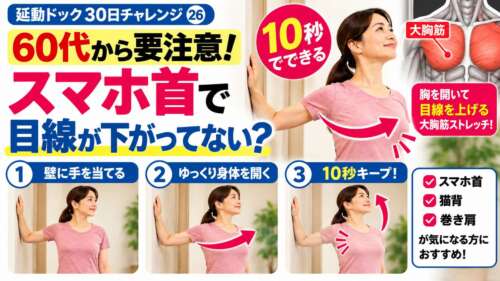 延動ドック30日チャレンジ㉖。60代から気をつけたいスマホ首・猫背・巻き肩。胸を開く大胸筋ストレッチで姿勢を整え、100歳まで自分の足で歩くための身体づくりを紹介。整体院 彩。