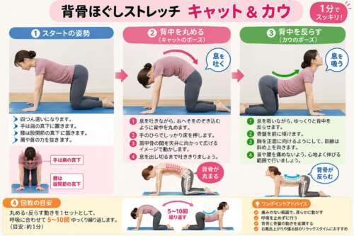 【延動ドック30日チャレンジ㉒】四つん這いで行う背骨ほぐしストレッチ「キャット＆カウ」の解説画像。背中を丸めるキャット、背中を反らすカウの動きを写真付きで紹介。呼吸に合わせて5〜10回繰り返す、約1分の背骨の柔軟性チェック。整体院 彩の理学療法士が解説。